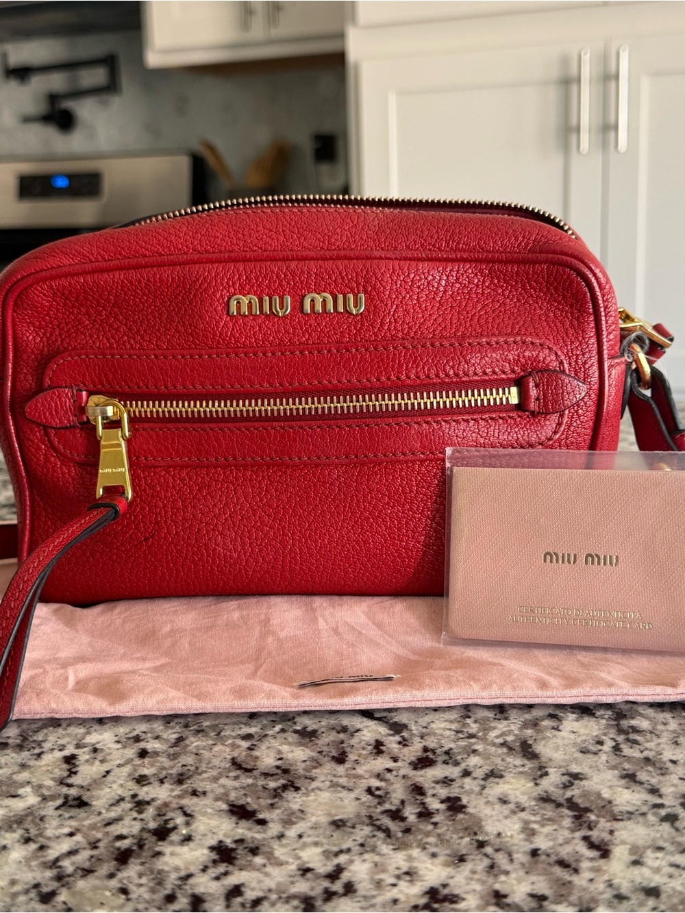 Miu Miu Crimson Pebbled Leather Crossbody with Gold Hardware